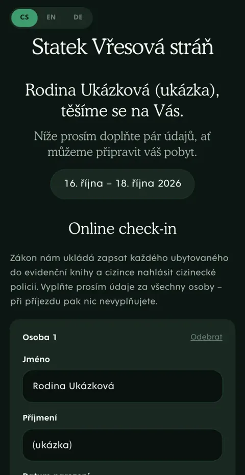 Náhled welcome sheetu hosta v telefonu